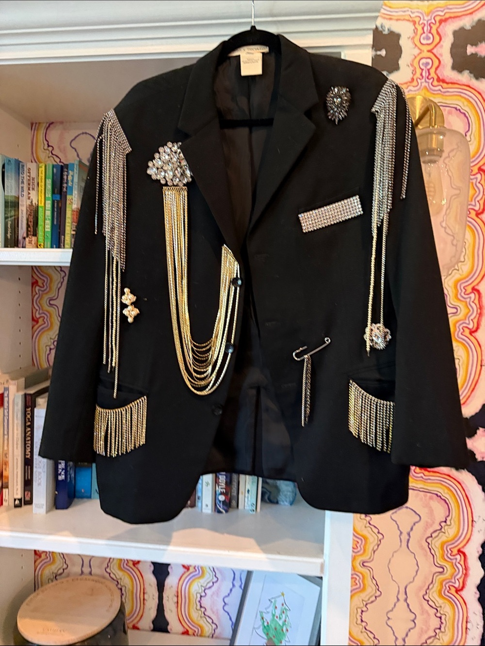 Free People Black Blazer with Gold & Silver Chain Fringe and Rhinestone Accents